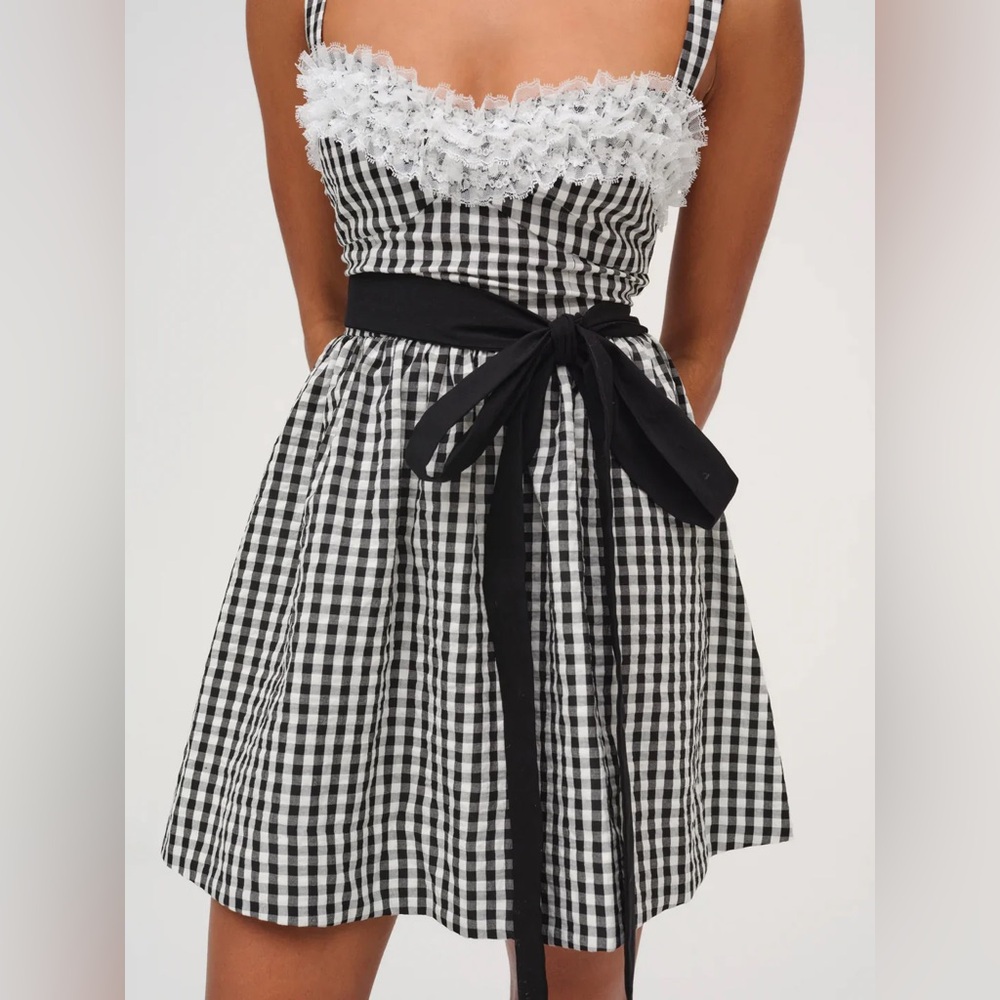 For Love & Lemons Black and White Gingham Lace-Trim Mini Dress